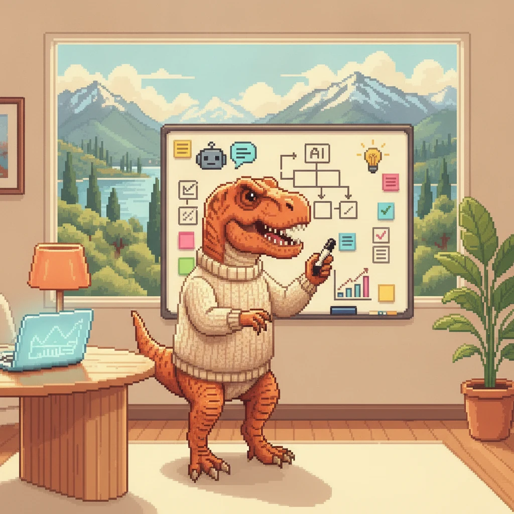 Il dinosauro di giobi.com alla lavagna mentre disegna la strategia dell'IA