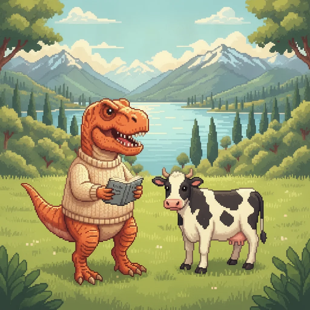 Il dinosauro di giobi.com in un prato con una mucca
